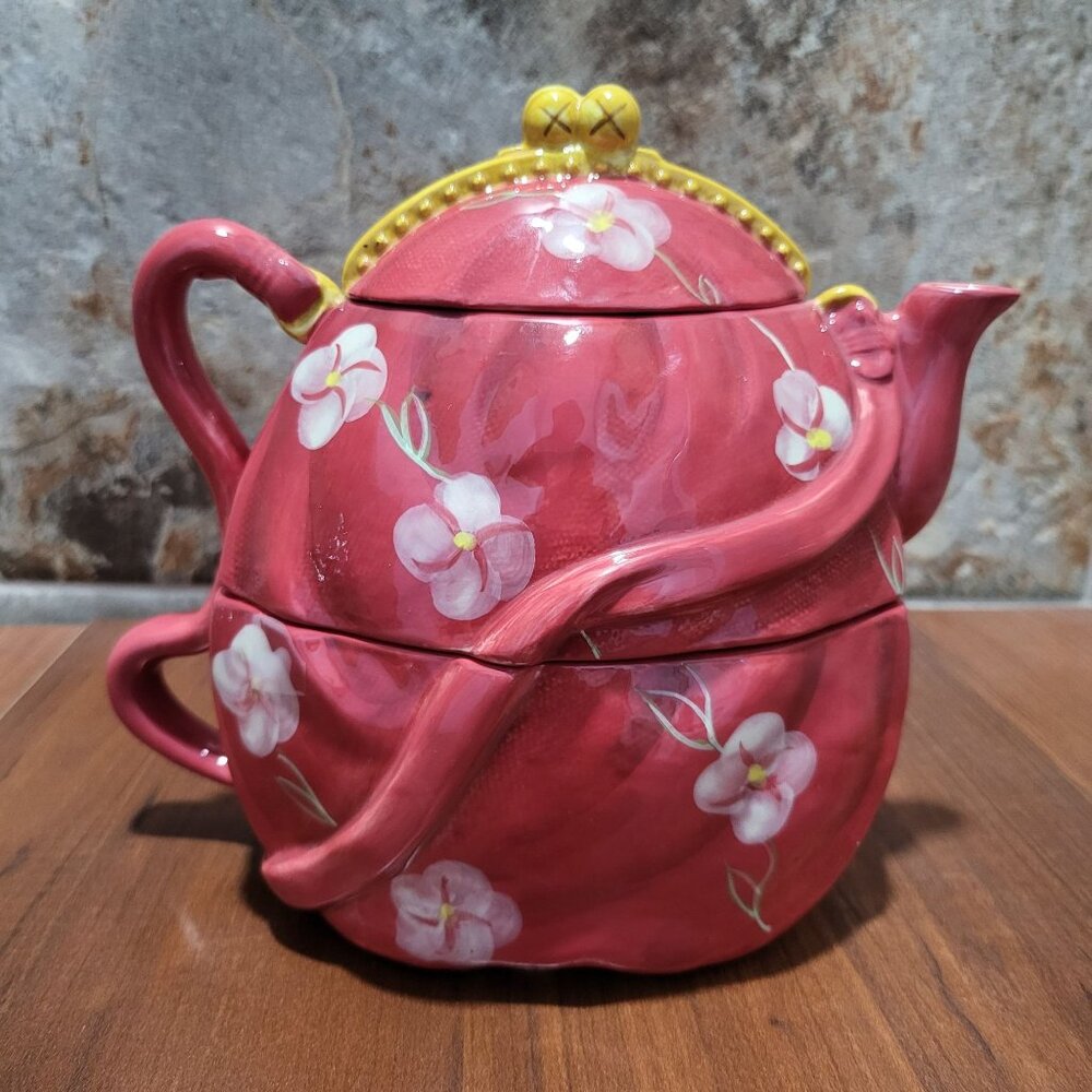 Certified International Deb Collins Red Purse Shapes 3 Pieces Nesting Tea Pot an